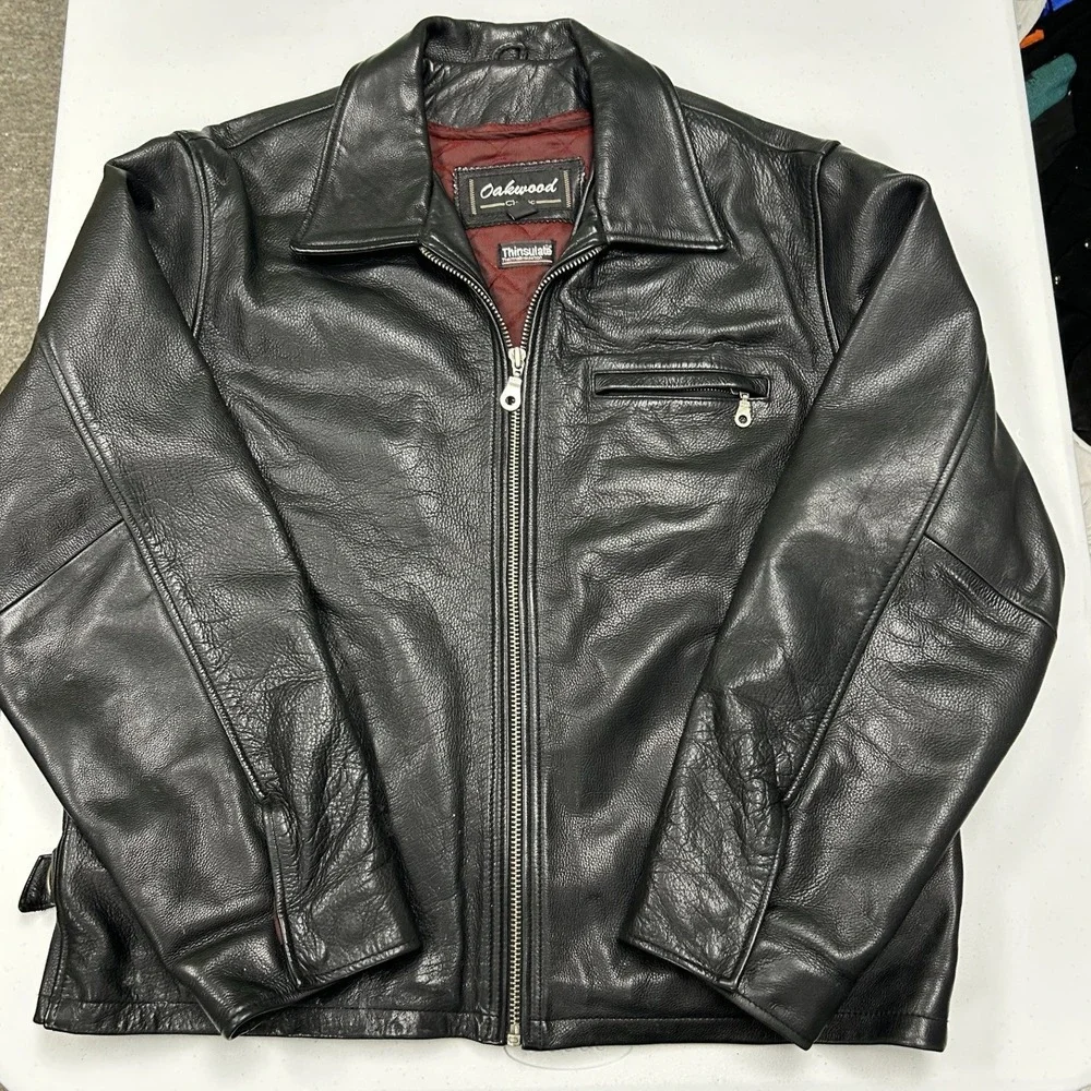 Oakwood Leather Jacket Mens M Black Good Thinsulate Insulated Quilted Lining